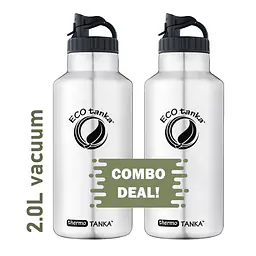 ecotanka thermoTANKA 2.0L double-wall stainless steel vacuum bottles twin pack with Mega PP Lids – durable, leakproof, insulated, eco-friendly hydration bottles for hot or cold drinks.