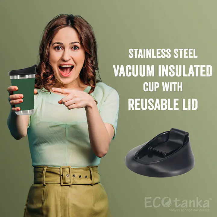 ecotanka 350ml UrbanGo Cup with Push-On PP Lid, vacuum insulated stainless steel cup with a sleek comfortable grip designed for active urban lifestyles, featuring durable BPA-free push-on lid interchangeable with most single-use takeaway paper cup lids, keeps drinks hot or cold for hours, reusable.
